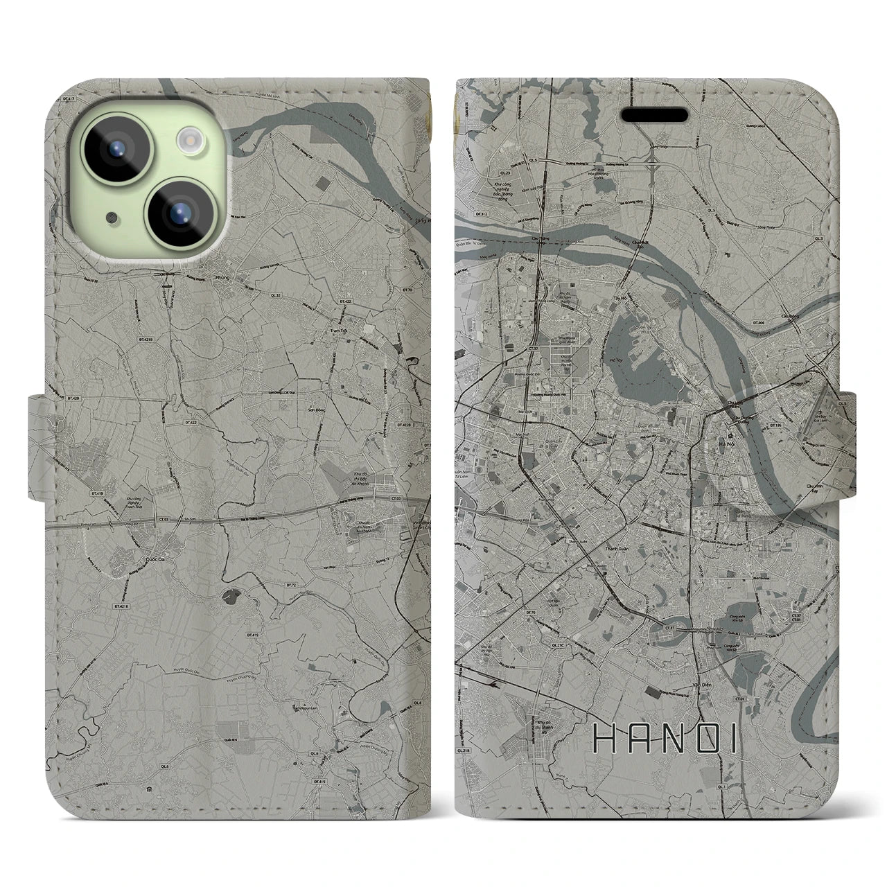 【ハノイ(ベトナム)】地図柄iPhoneケース(手帳タイプ)モノトーン・iPhone 15 用