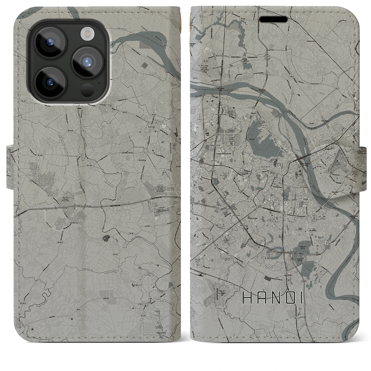 【ハノイ(ベトナム)】地図柄iPhoneケース(手帳タイプ)モノトーン・iPhone 15 Pro Max 用
