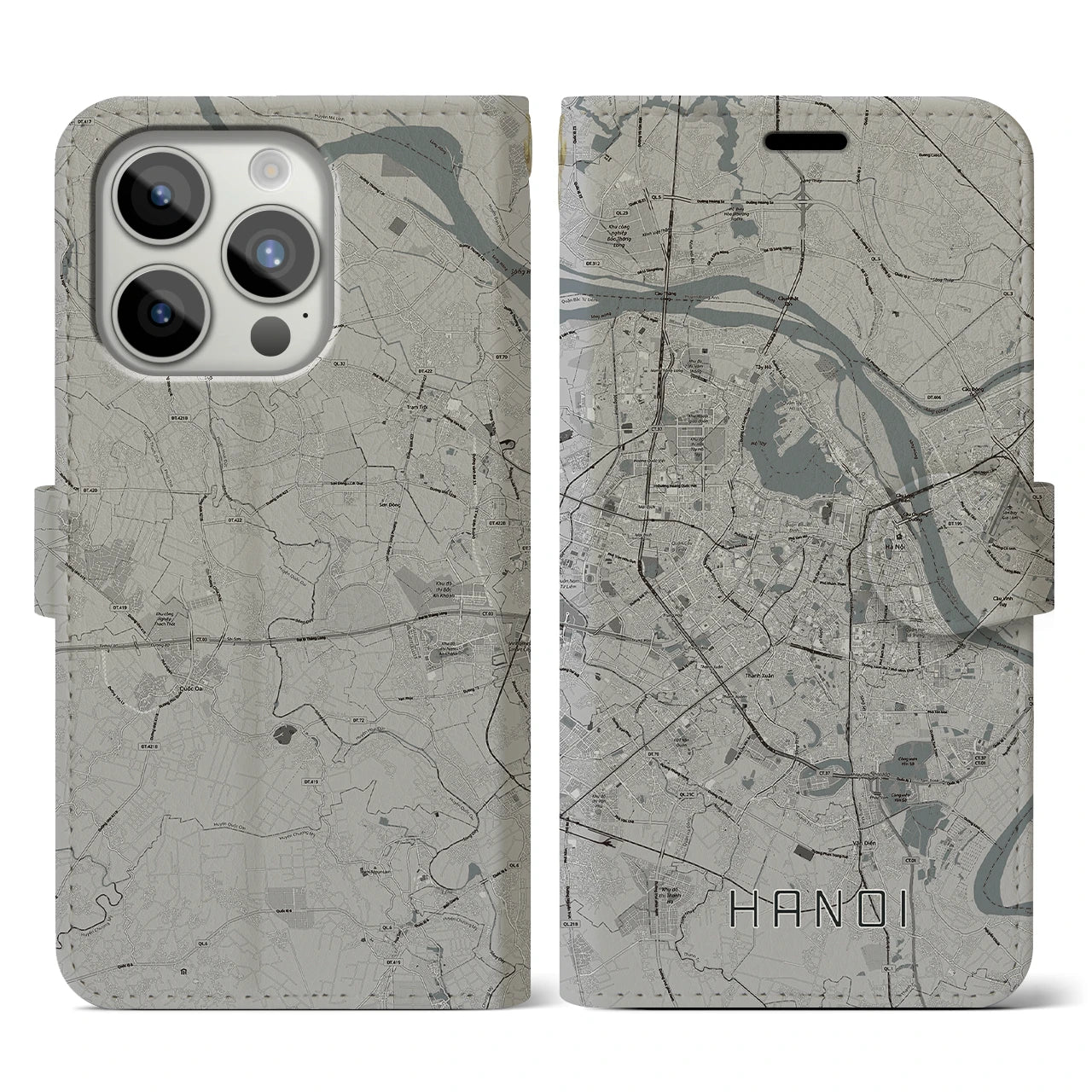 【ハノイ(ベトナム)】地図柄iPhoneケース(手帳タイプ)モノトーン・iPhone 15 Pro 用