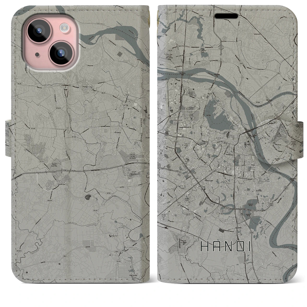 【ハノイ(ベトナム)】地図柄iPhoneケース(手帳タイプ)モノトーン・iPhone 15 Plus 用