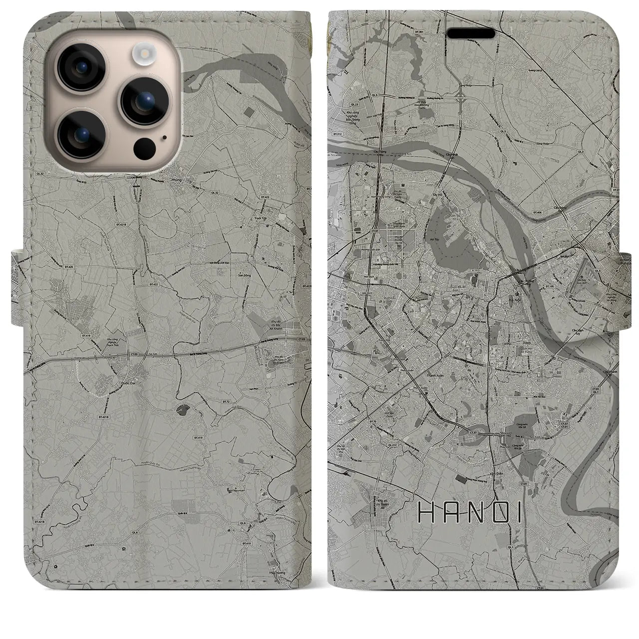 【ハノイ(ベトナム)】地図柄iPhoneケース(手帳タイプ)モノトーン・iPhone 16 Plus 用