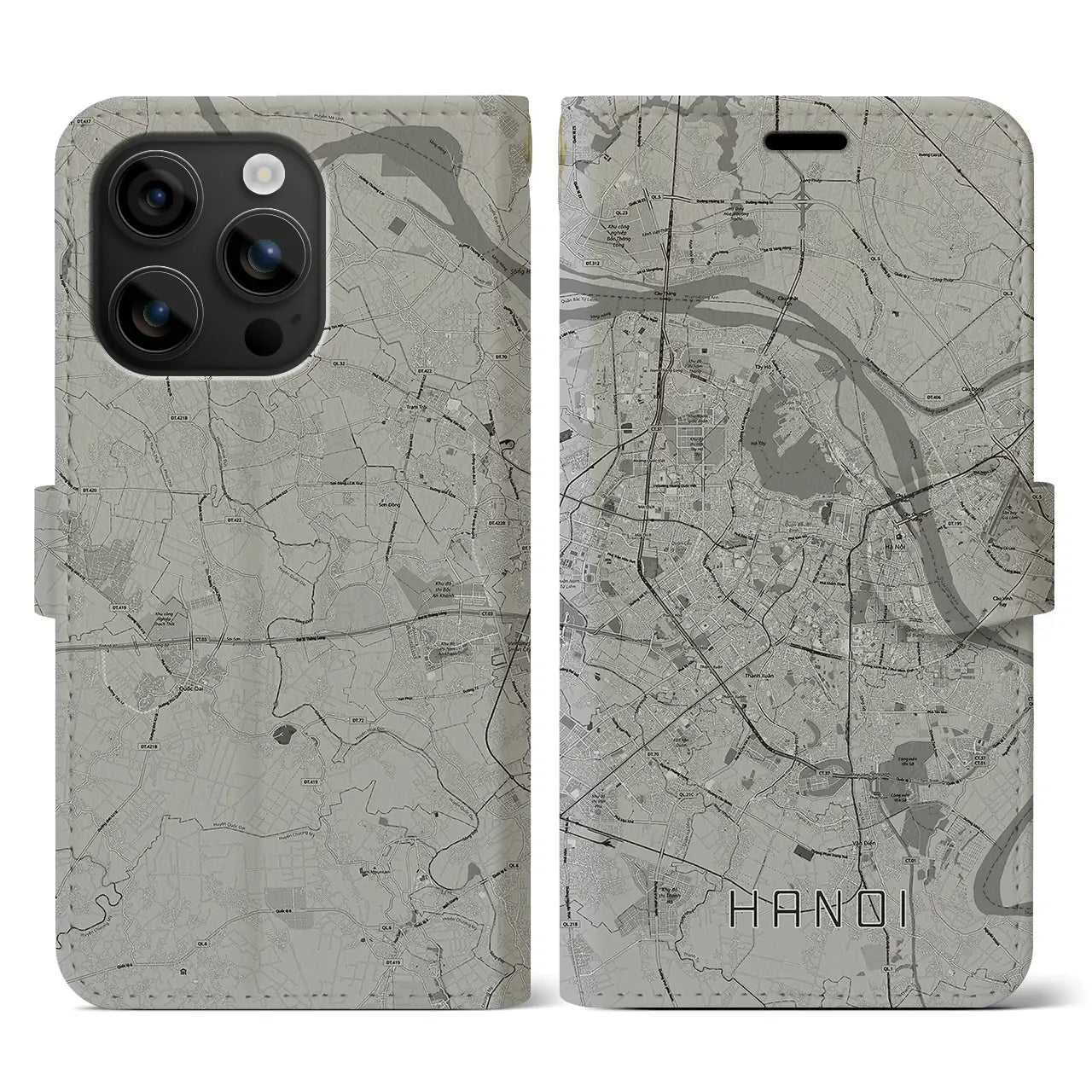 【ハノイ(ベトナム)】地図柄iPhoneケース(手帳タイプ)モノトーン・iPhone 16 用