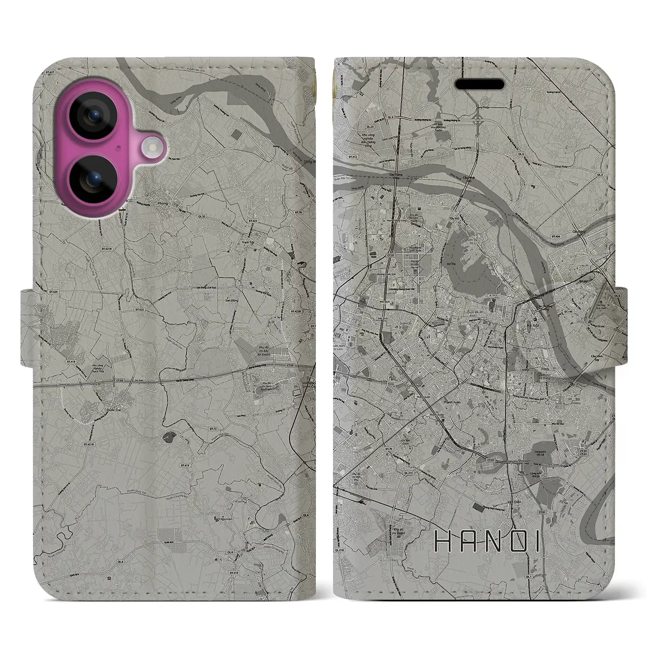 【ハノイ(ベトナム)】地図柄iPhoneケース(手帳タイプ)モノトーン・iPhone 16 Pro 用