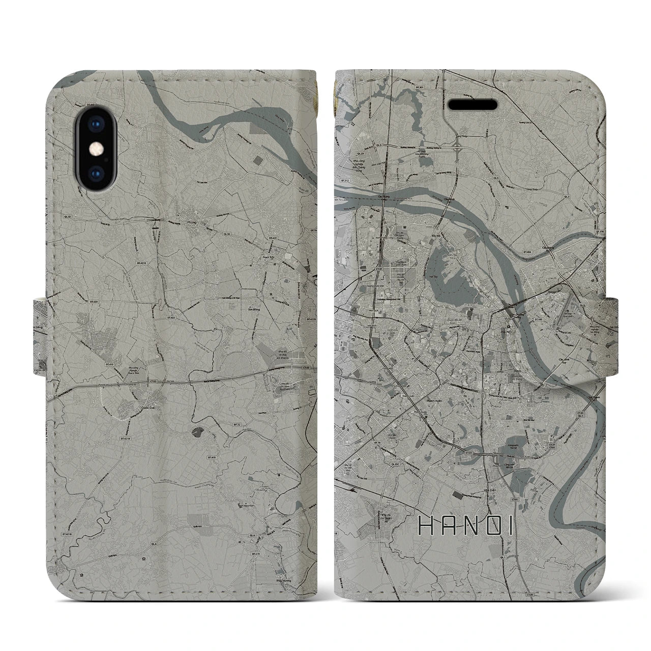【ハノイ(ベトナム)】地図柄iPhoneケース(手帳タイプ)モノトーン・iPhone XS / X 用