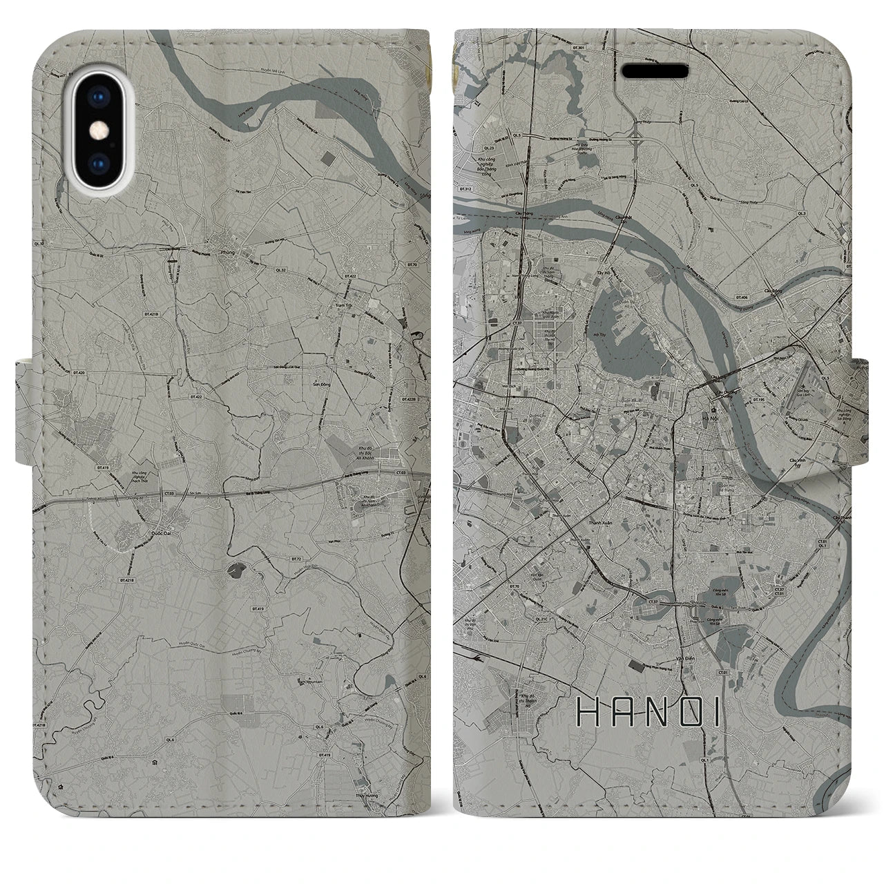 【ハノイ(ベトナム)】地図柄iPhoneケース(手帳タイプ)モノトーン・iPhone XS Max 用