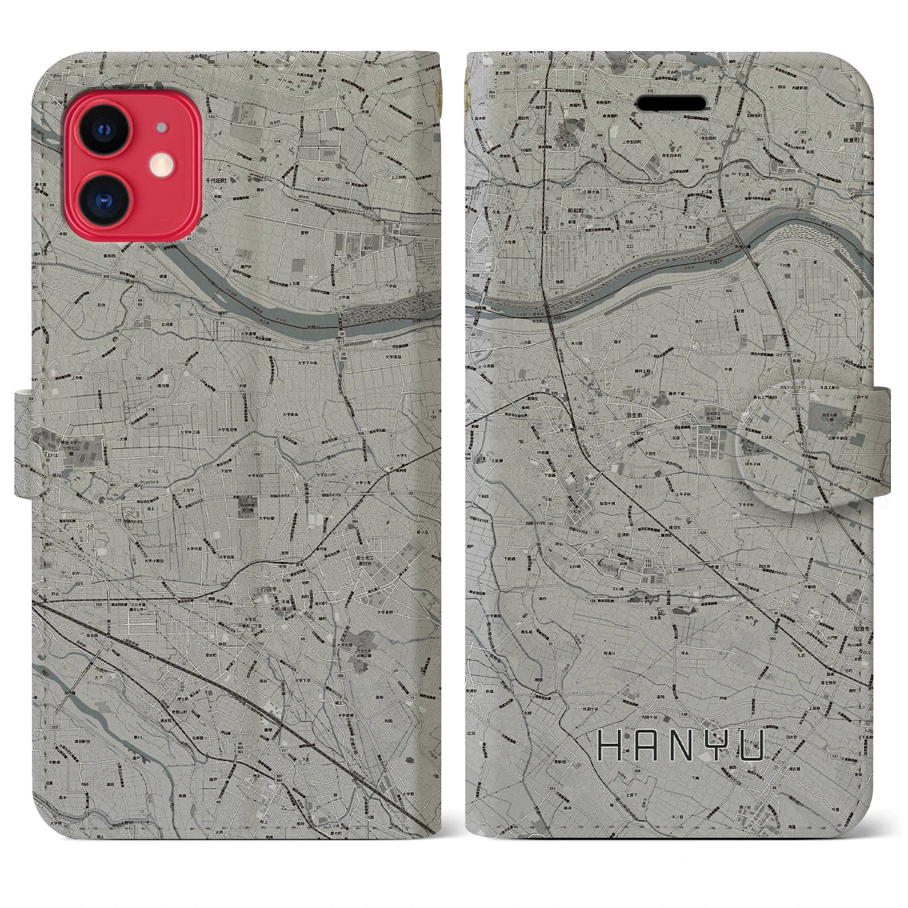 【羽生(埼玉県)】地図柄iPhoneケース(手帳タイプ)モノトーン・iPhone 11 用