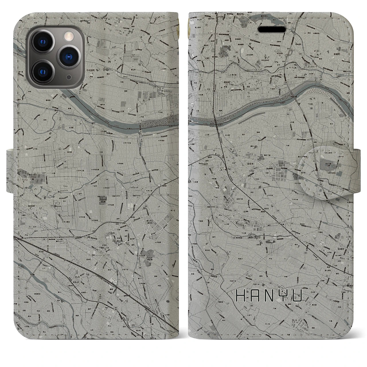 【羽生(埼玉県)】地図柄iPhoneケース(手帳タイプ)モノトーン・iPhone 11 Pro Max 用