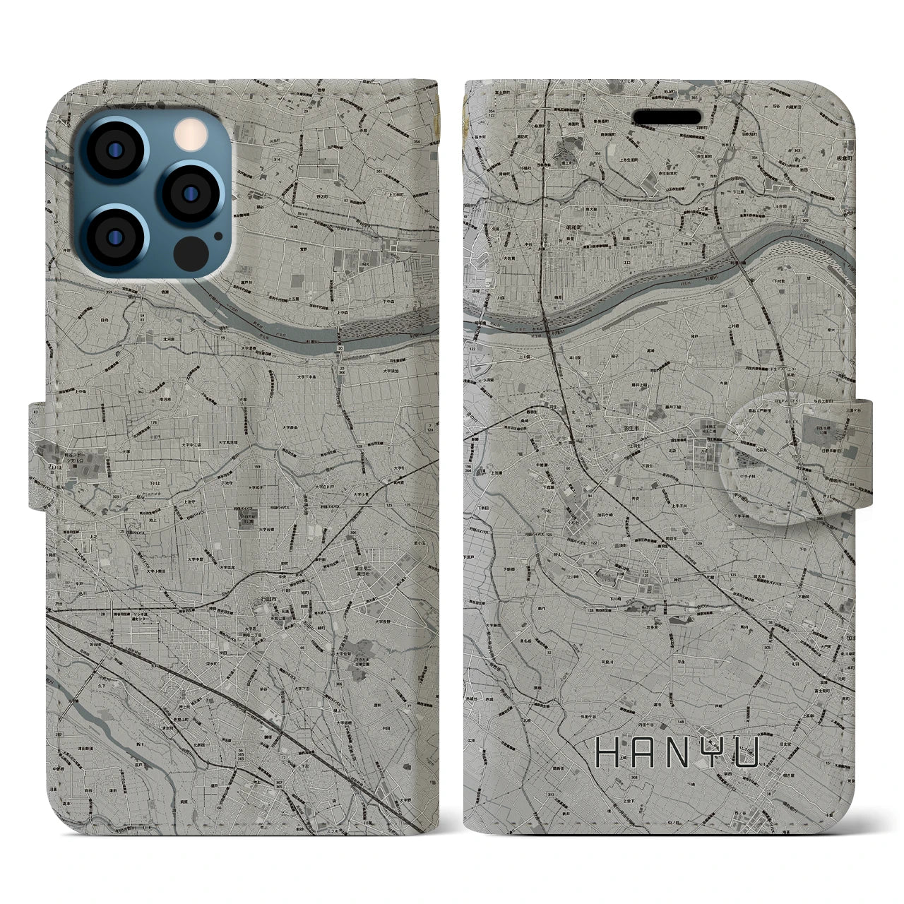 【羽生(埼玉県)】地図柄iPhoneケース(手帳タイプ)モノトーン・iPhone 12 / 12 Pro 用