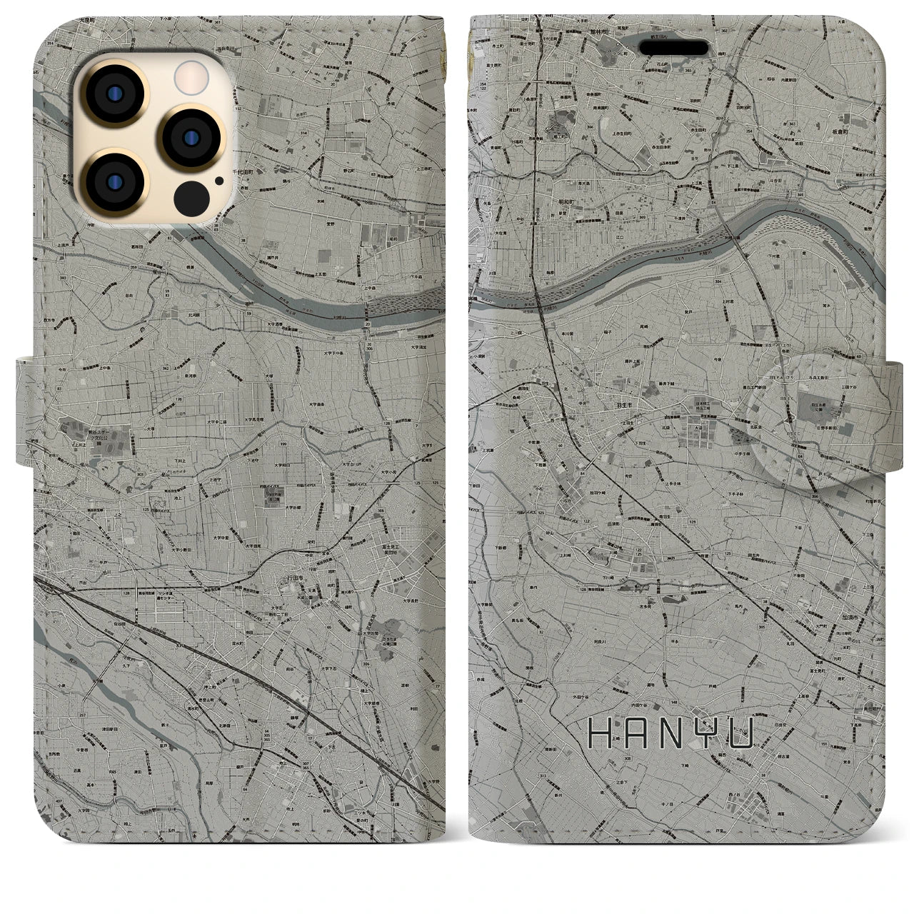 【羽生(埼玉県)】地図柄iPhoneケース(手帳タイプ)モノトーン・iPhone 12 Pro Max 用