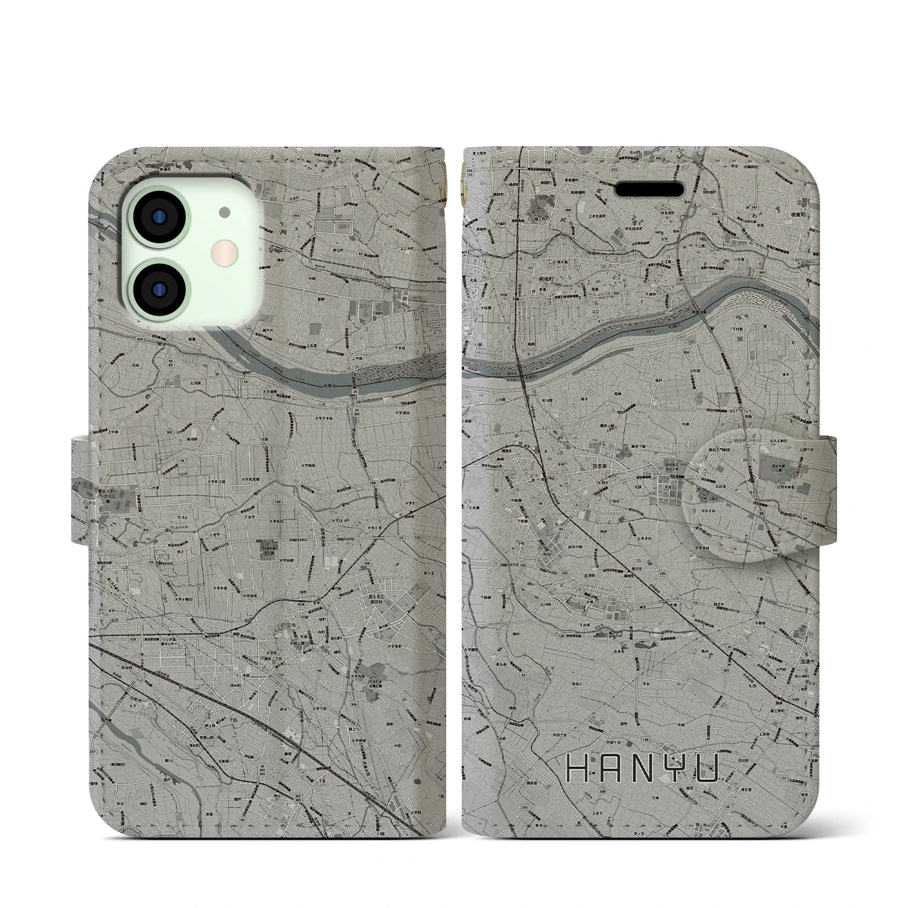 【羽生(埼玉県)】地図柄iPhoneケース(手帳タイプ)モノトーン・iPhone 12 mini 用