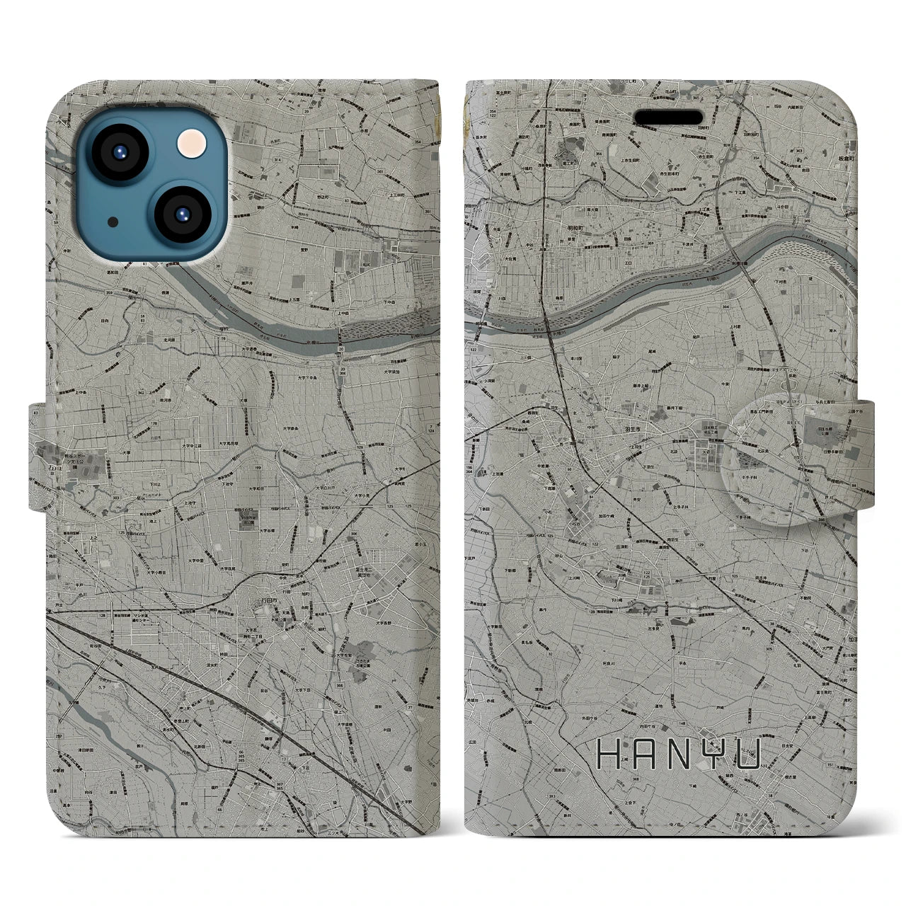 【羽生(埼玉県)】地図柄iPhoneケース(手帳タイプ)モノトーン・iPhone 13 用