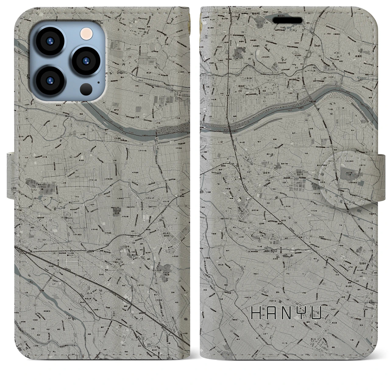【羽生(埼玉県)】地図柄iPhoneケース(手帳タイプ)モノトーン・iPhone 13 Pro Max 用