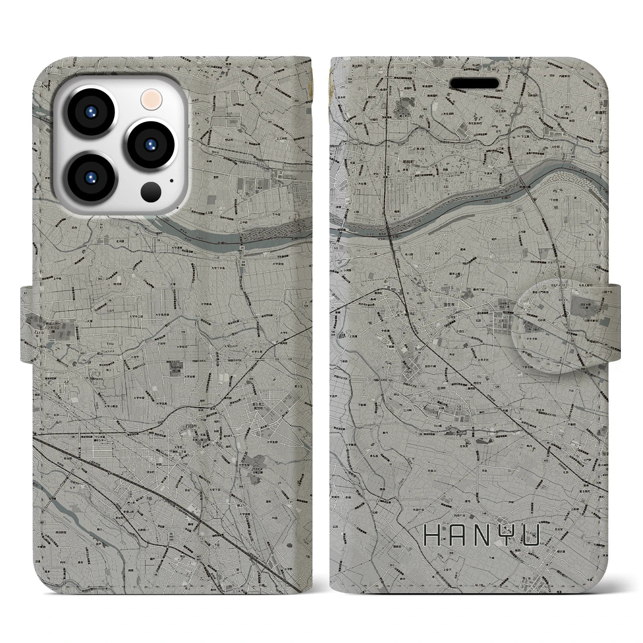 【羽生(埼玉県)】地図柄iPhoneケース(手帳タイプ)モノトーン・iPhone 13 Pro 用