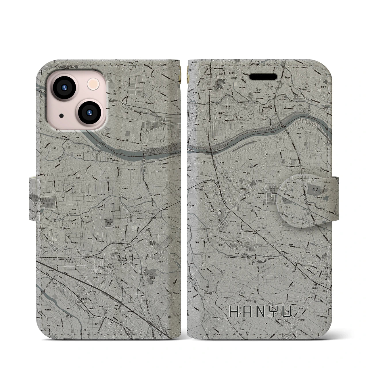 【羽生(埼玉県)】地図柄iPhoneケース(手帳タイプ)モノトーン・iPhone 13 mini 用