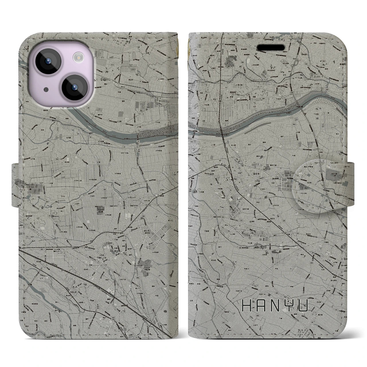 【羽生(埼玉県)】地図柄iPhoneケース(手帳タイプ)モノトーン・iPhone 14 用