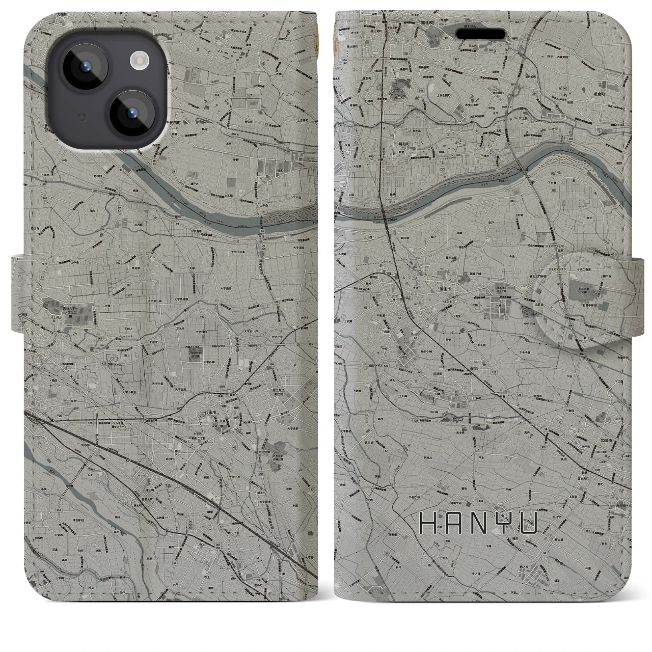 【羽生(埼玉県)】地図柄iPhoneケース(手帳タイプ)モノトーン・iPhone 14 Plus 用