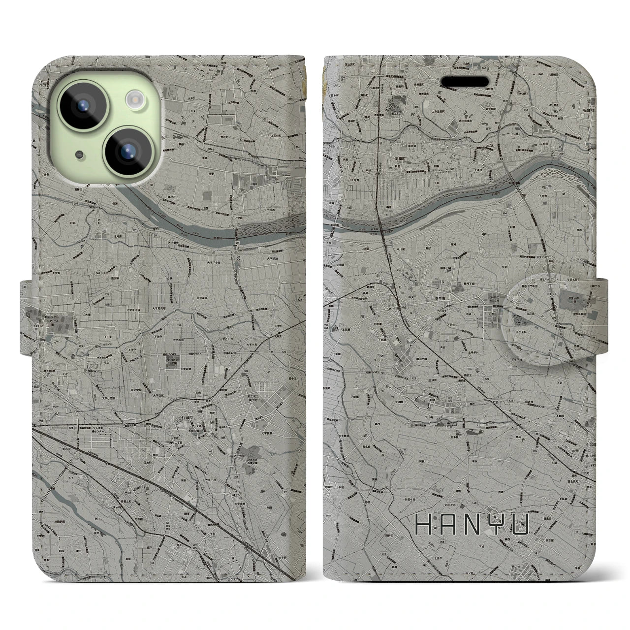 【羽生(埼玉県)】地図柄iPhoneケース(手帳タイプ)モノトーン・iPhone 15 用