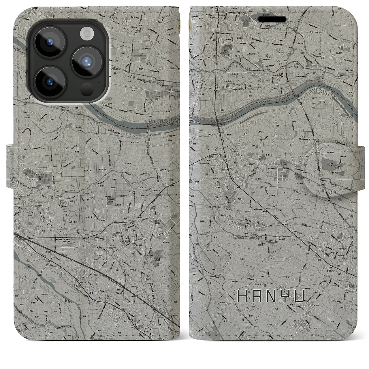 【羽生(埼玉県)】地図柄iPhoneケース(手帳タイプ)モノトーン・iPhone 15 Pro Max 用