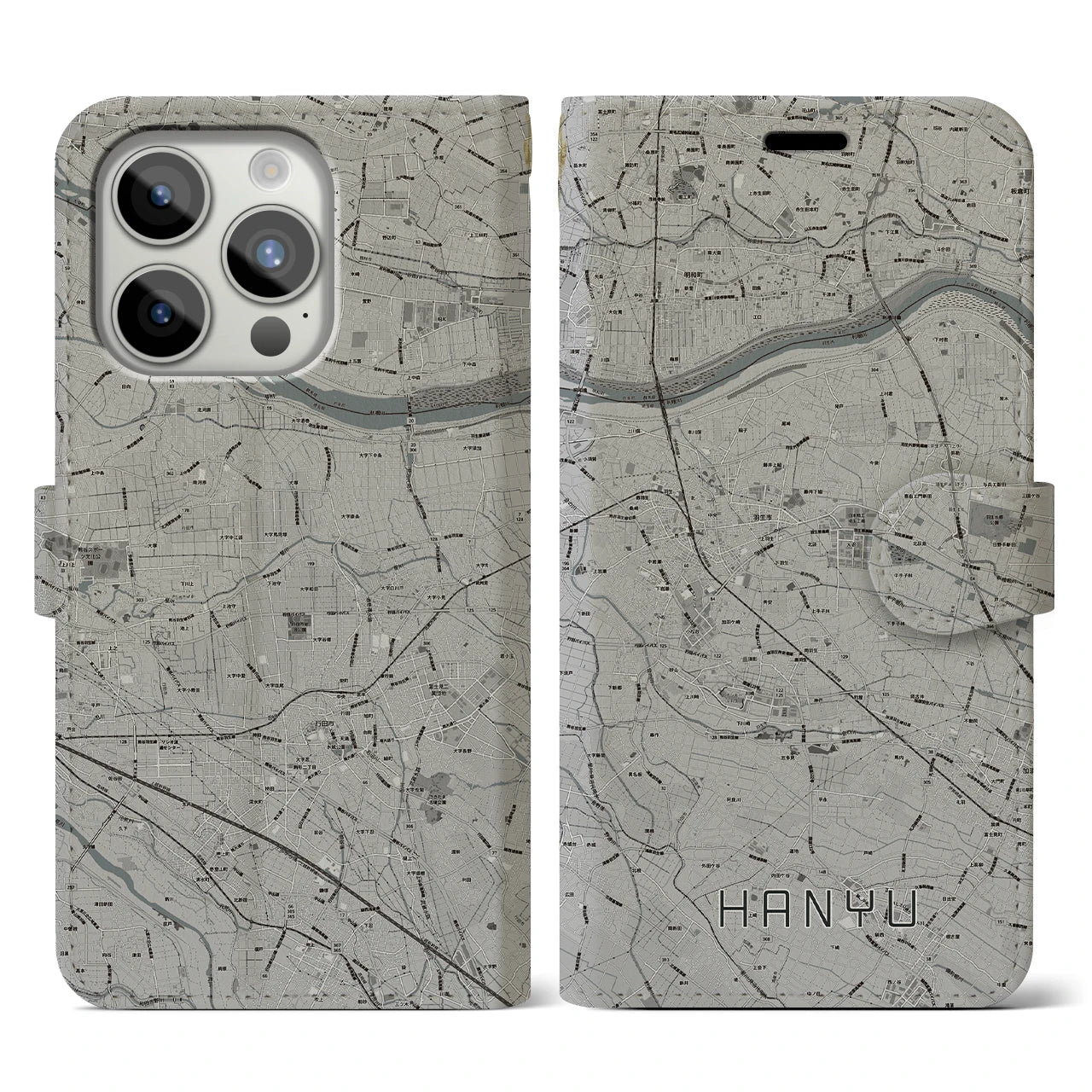 【羽生(埼玉県)】地図柄iPhoneケース(手帳タイプ)モノトーン・iPhone 15 Pro 用