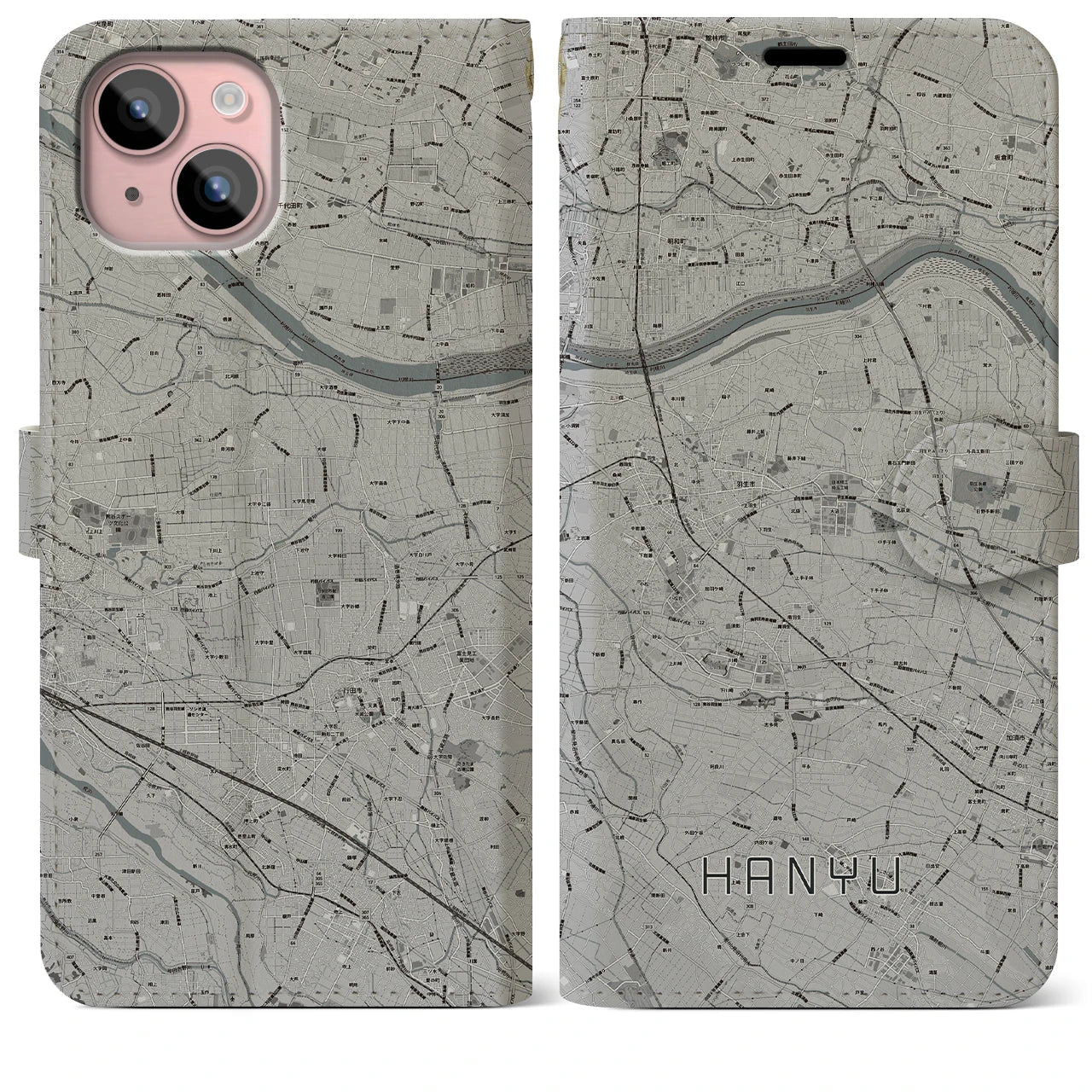 【羽生(埼玉県)】地図柄iPhoneケース(手帳タイプ)モノトーン・iPhone 15 Plus 用