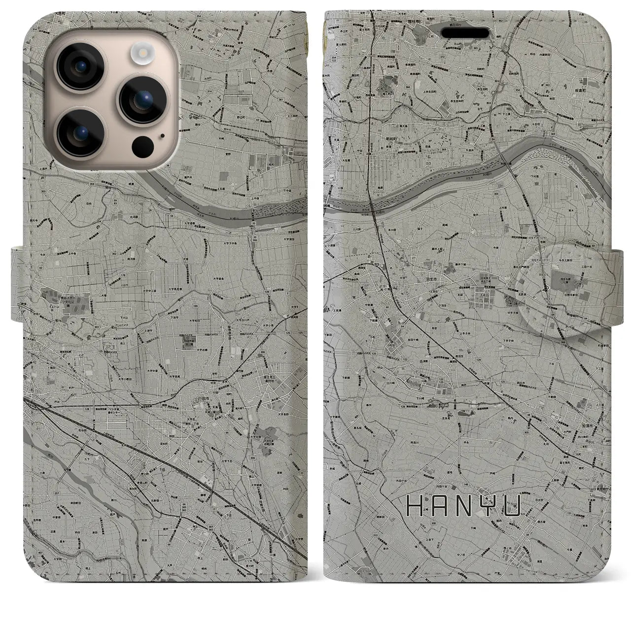 【羽生(埼玉県)】地図柄iPhoneケース(手帳タイプ)モノトーン・iPhone 16 Plus 用