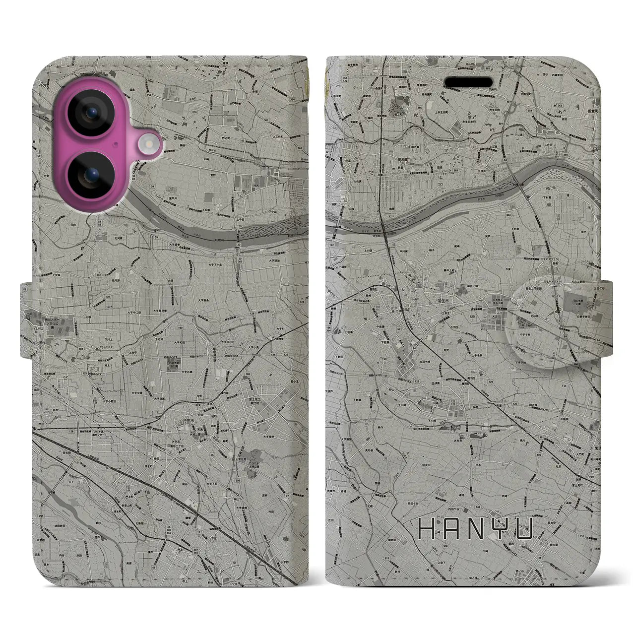 【羽生(埼玉県)】地図柄iPhoneケース(手帳タイプ)モノトーン・iPhone 16 Pro 用