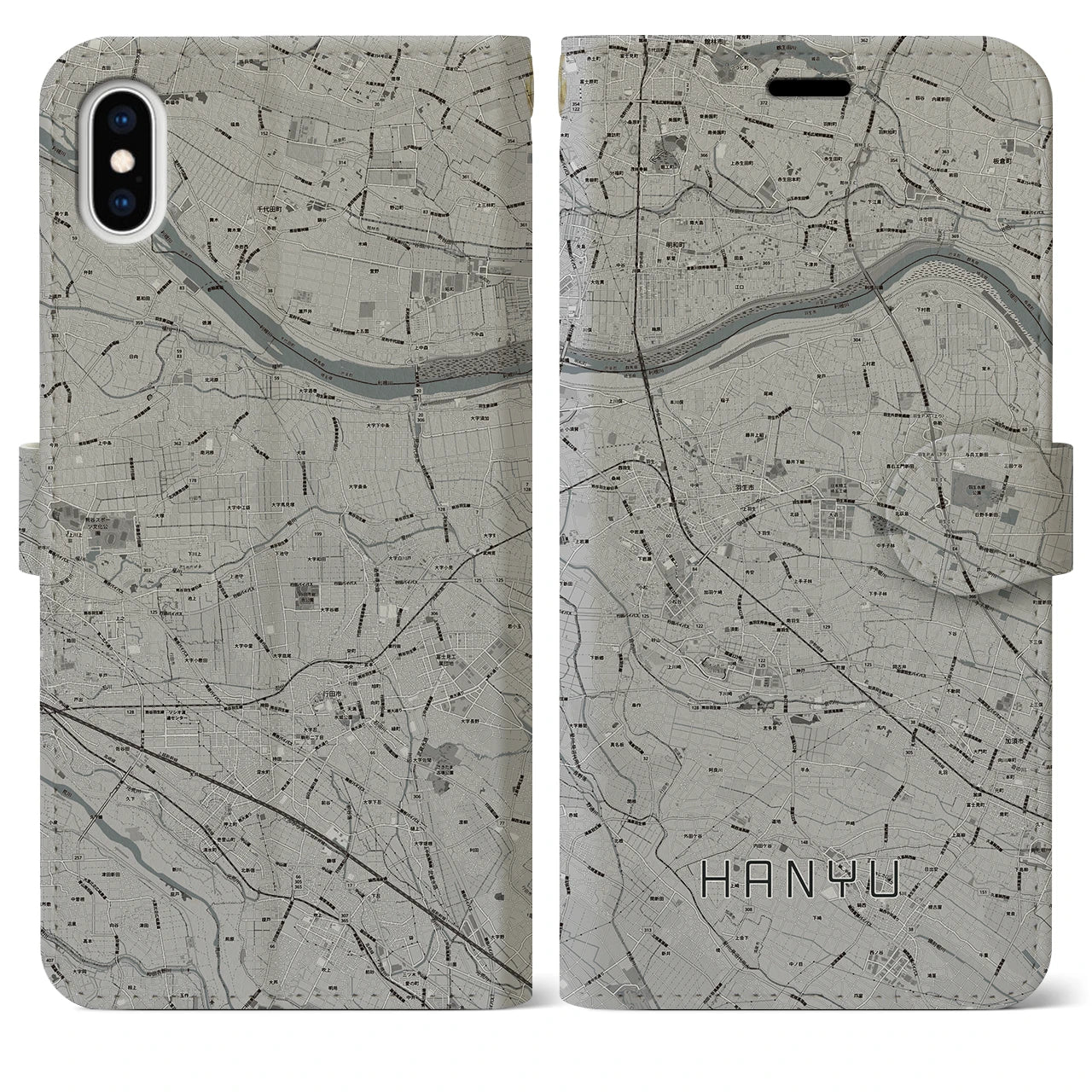【羽生(埼玉県)】地図柄iPhoneケース(手帳タイプ)モノトーン・iPhone XS Max 用