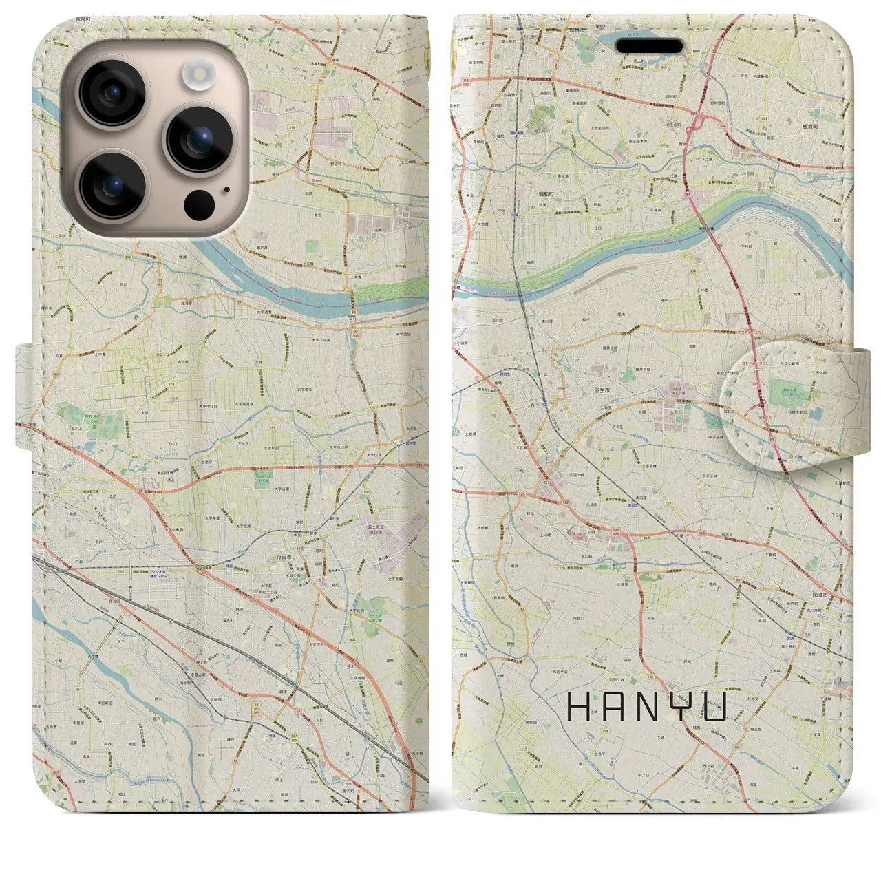 【羽生(埼玉県)】地図柄iPhoneケース(手帳タイプ)ナチュラル・iPhone 16 Plus 用