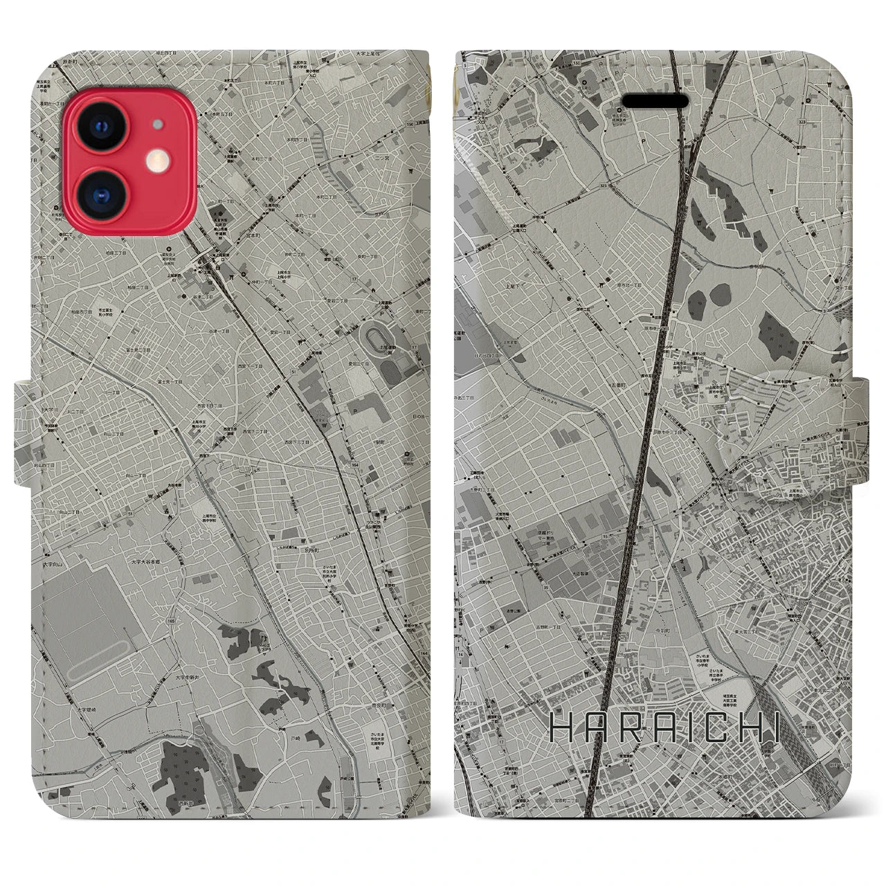 【原市(埼玉県)】地図柄iPhoneケース(手帳タイプ)モノトーン・iPhone 11 用