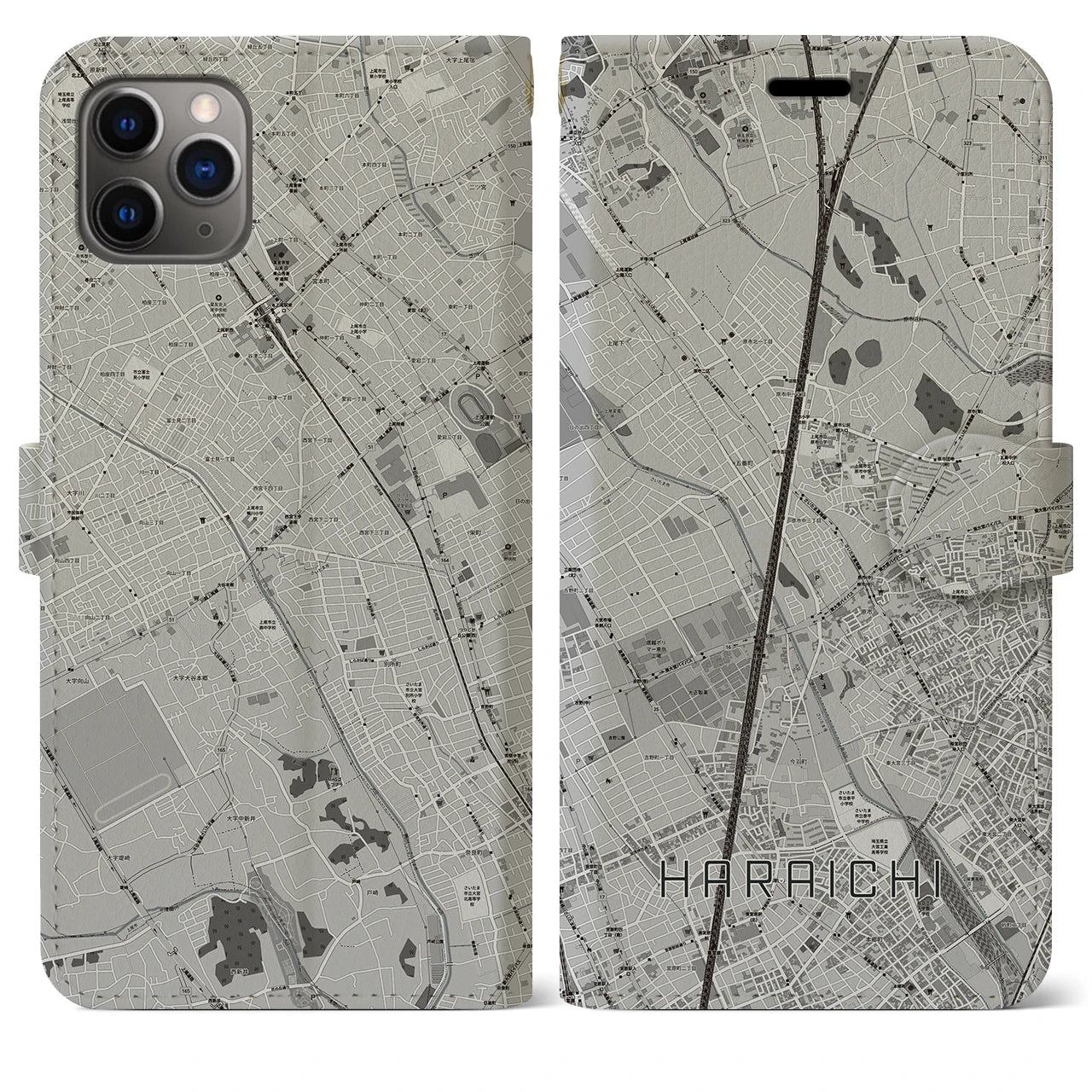 【原市(埼玉県)】地図柄iPhoneケース(手帳タイプ)モノトーン・iPhone 11 Pro Max 用