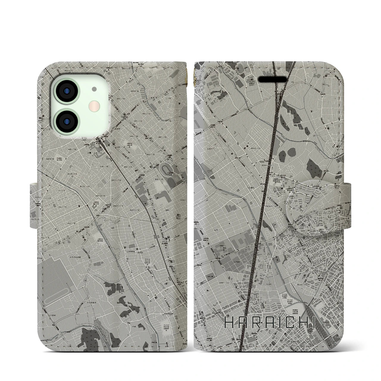 【原市(埼玉県)】地図柄iPhoneケース(手帳タイプ)モノトーン・iPhone 12 mini 用