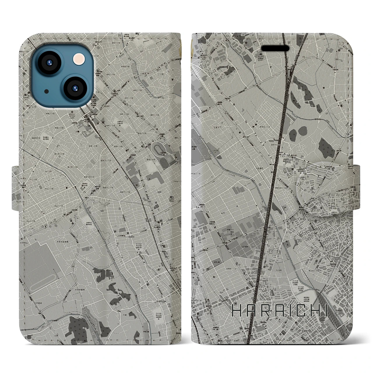 【原市(埼玉県)】地図柄iPhoneケース(手帳タイプ)モノトーン・iPhone 13 用