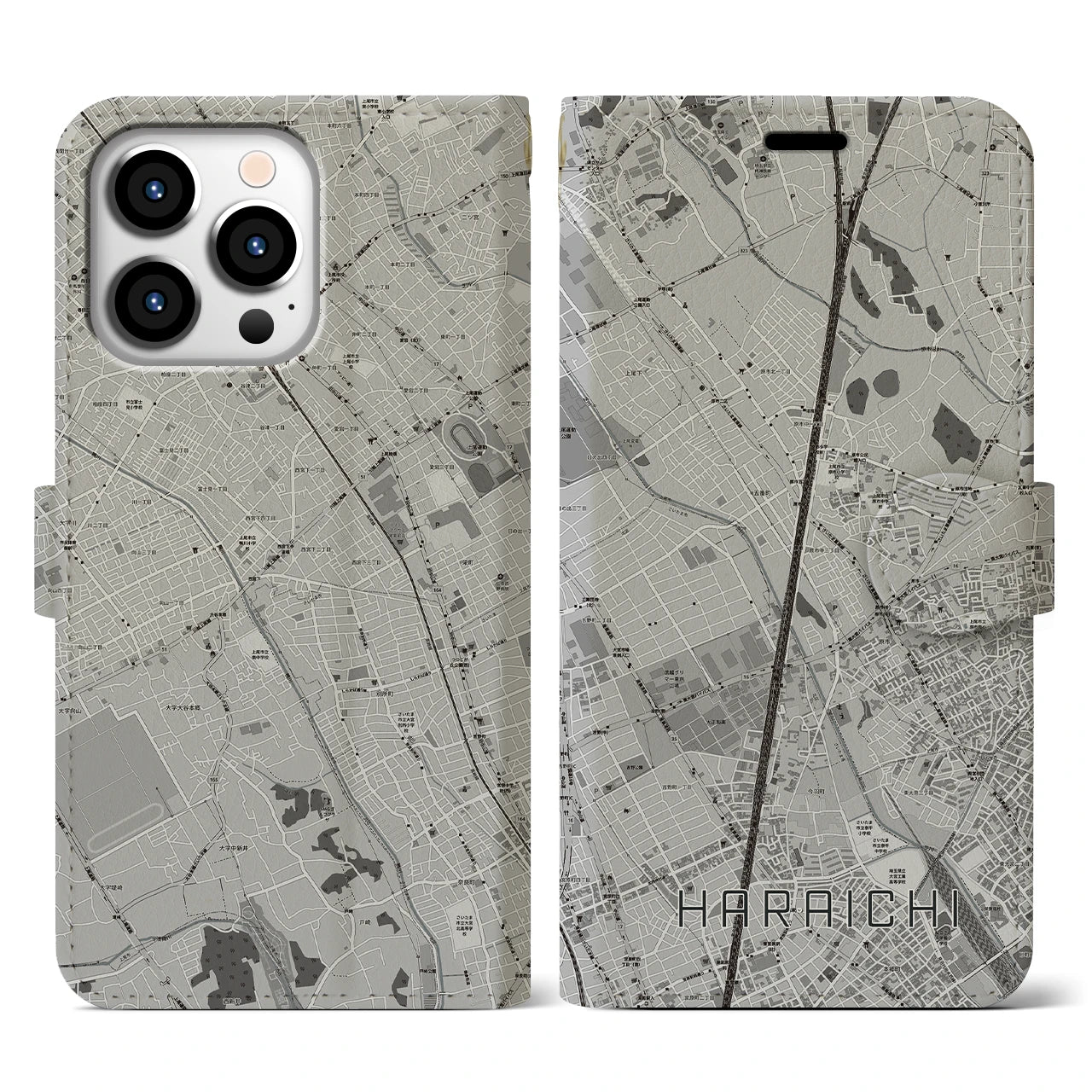 【原市(埼玉県)】地図柄iPhoneケース(手帳タイプ)モノトーン・iPhone 13 Pro 用