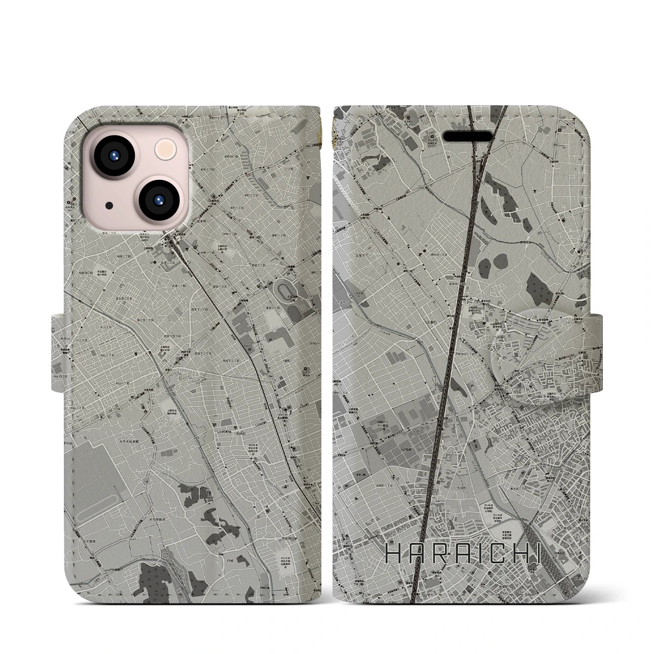 【原市(埼玉県)】地図柄iPhoneケース(手帳タイプ)モノトーン・iPhone 13 mini 用