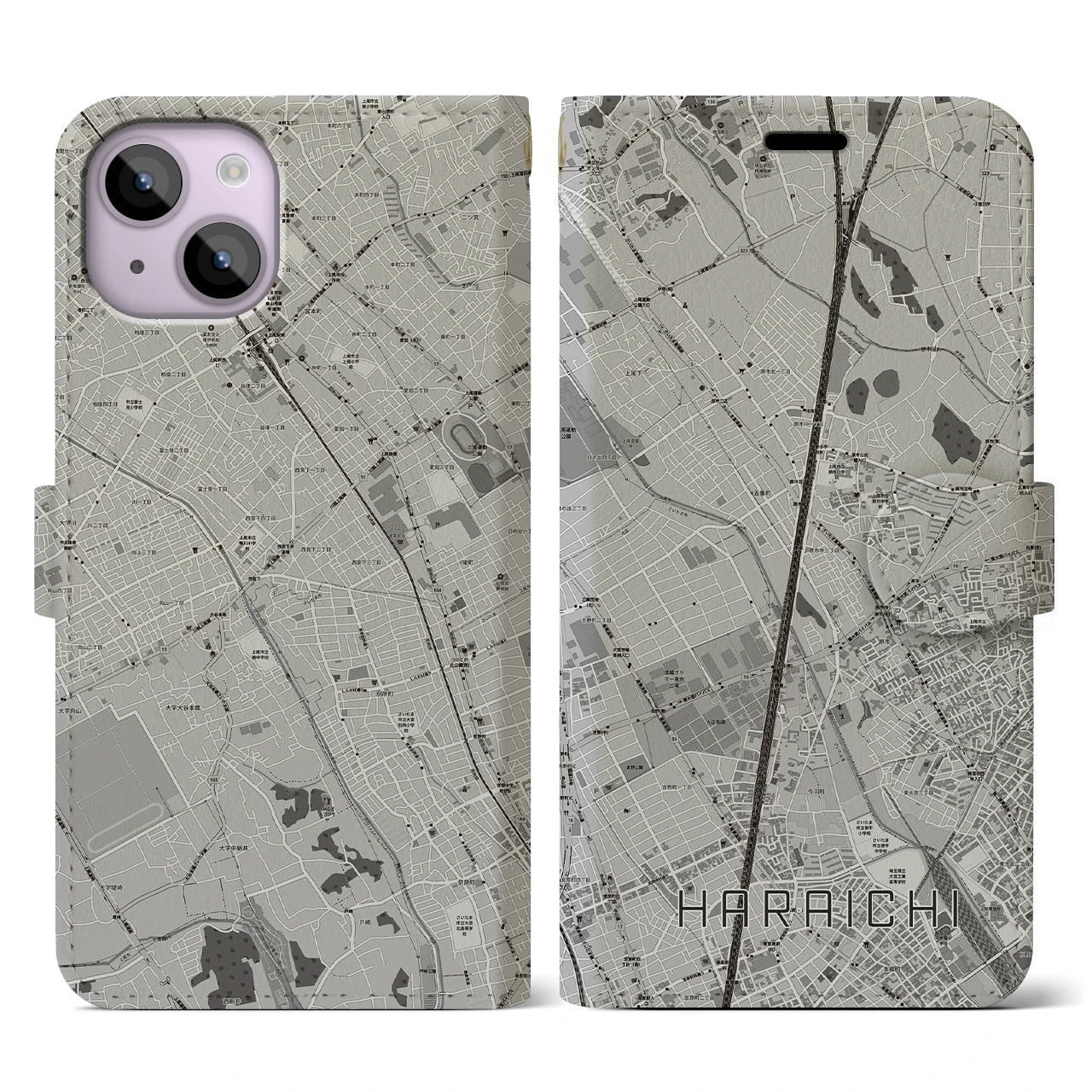 【原市(埼玉県)】地図柄iPhoneケース(手帳タイプ)モノトーン・iPhone 14 用