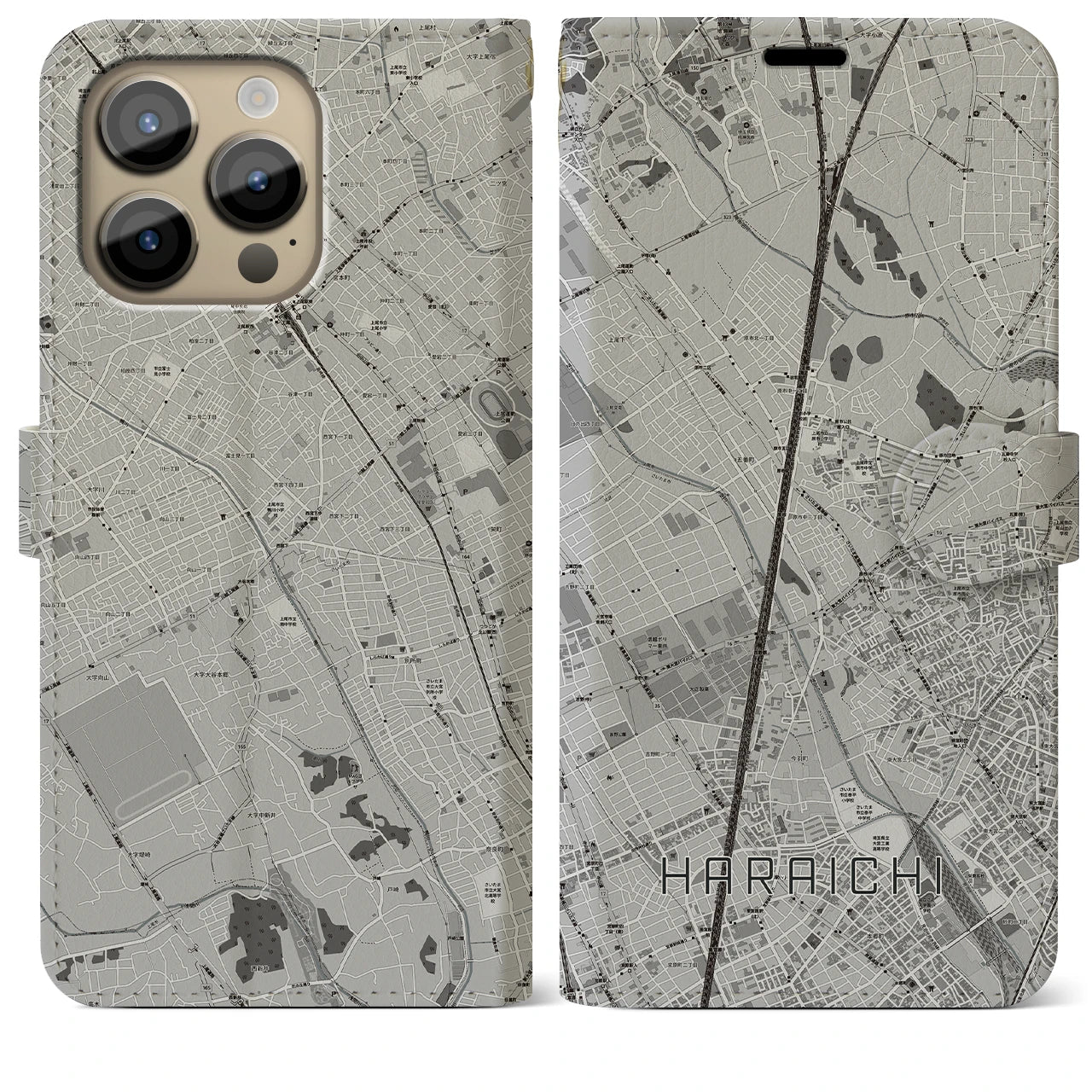 【原市(埼玉県)】地図柄iPhoneケース(手帳タイプ)モノトーン・iPhone 14 Pro Max 用