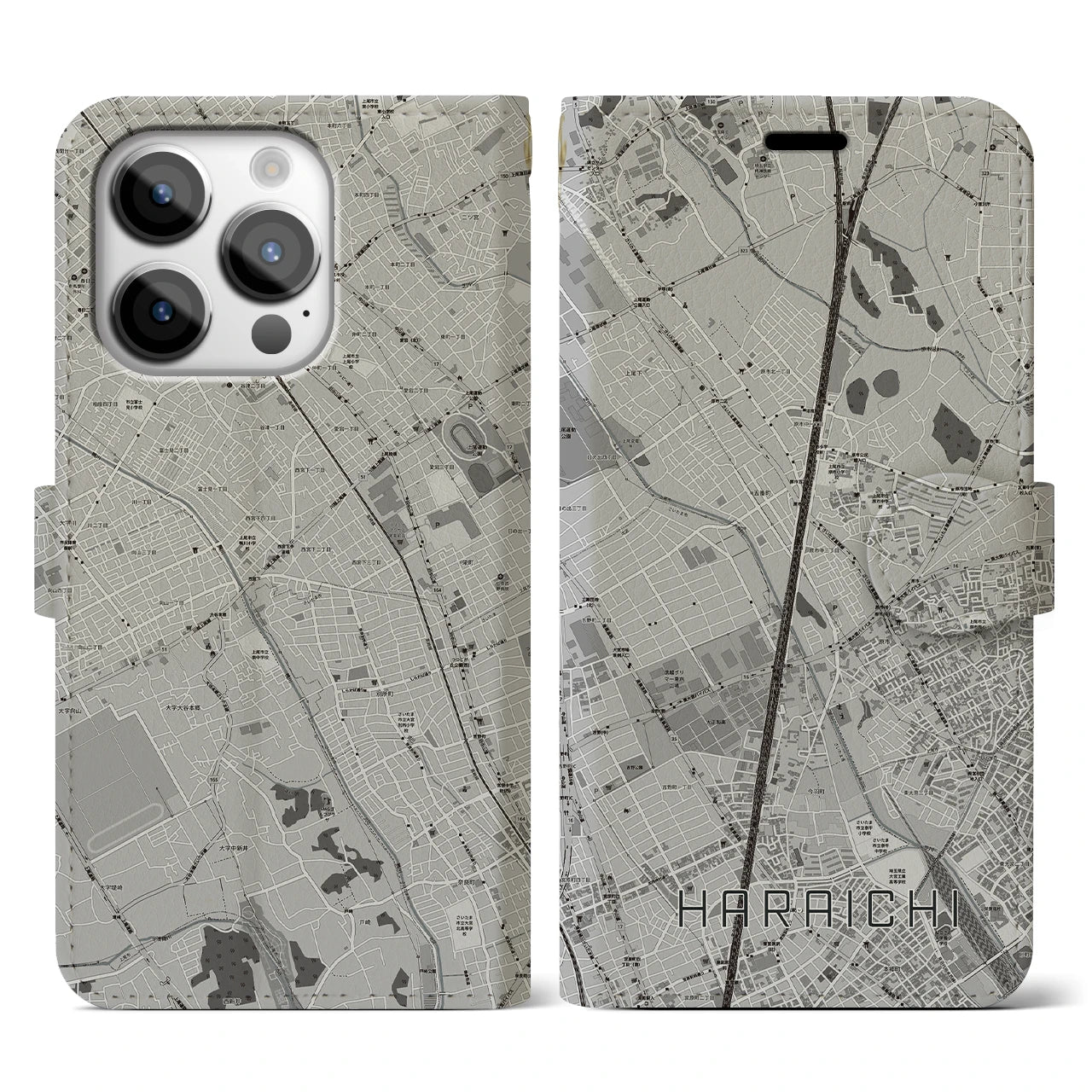 【原市(埼玉県)】地図柄iPhoneケース(手帳タイプ)モノトーン・iPhone 14 Pro 用