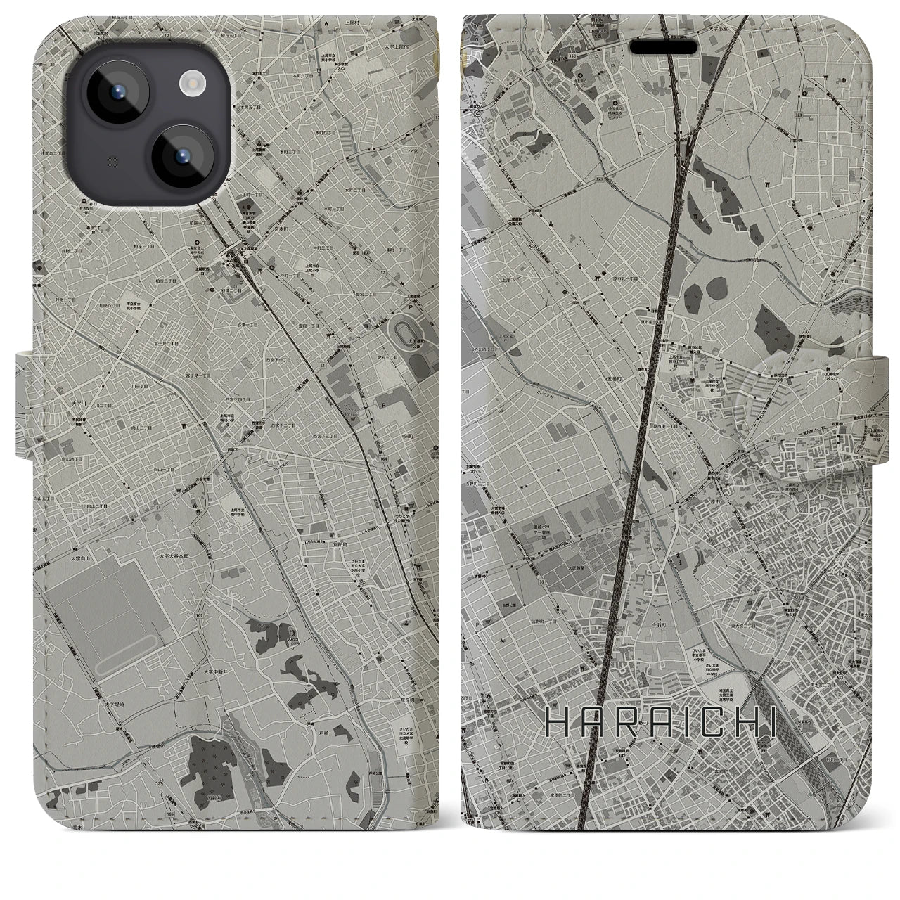 【原市(埼玉県)】地図柄iPhoneケース(手帳タイプ)モノトーン・iPhone 14 Plus 用