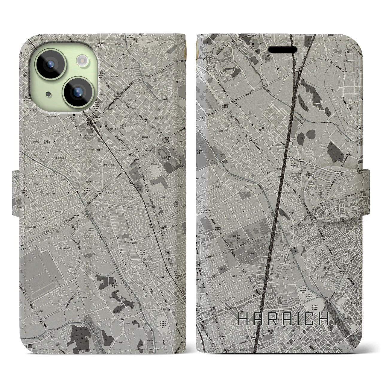 【原市(埼玉県)】地図柄iPhoneケース(手帳タイプ)モノトーン・iPhone 15 用