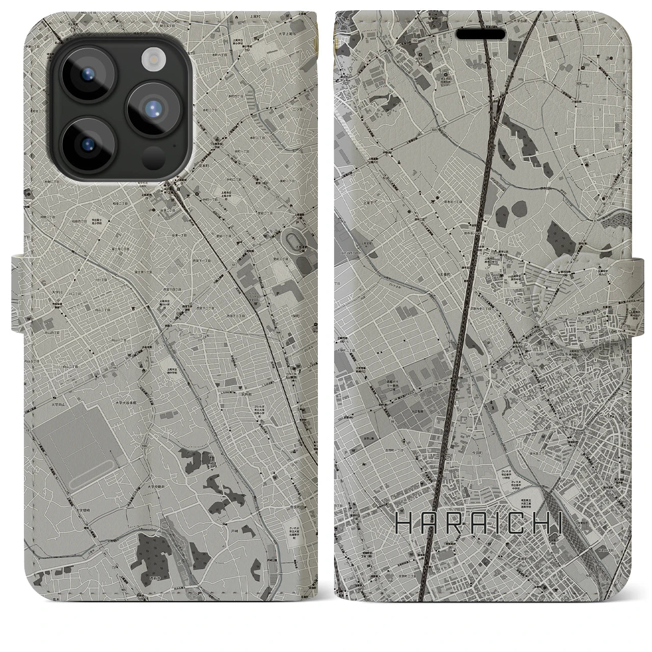 【原市(埼玉県)】地図柄iPhoneケース(手帳タイプ)モノトーン・iPhone 15 Pro Max 用