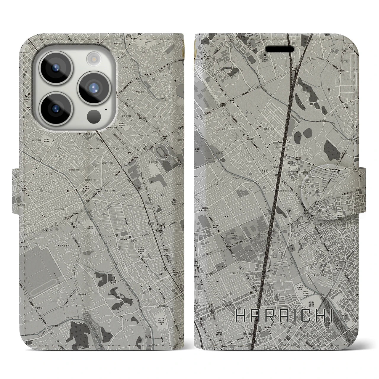 【原市(埼玉県)】地図柄iPhoneケース(手帳タイプ)モノトーン・iPhone 15 Pro 用