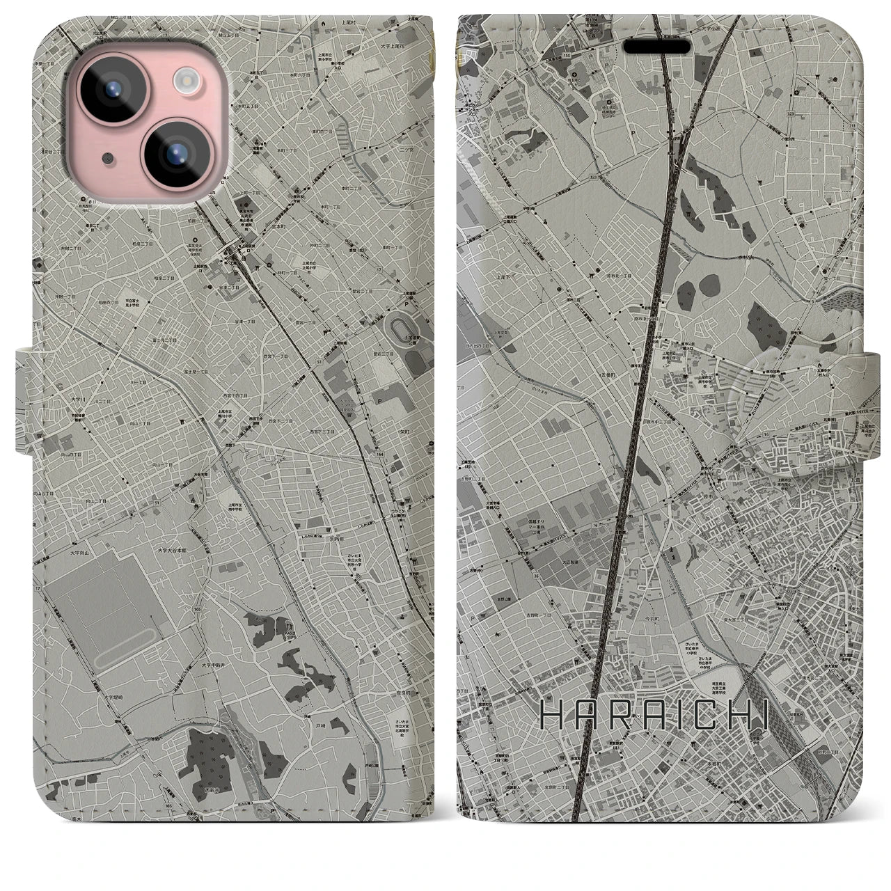 【原市(埼玉県)】地図柄iPhoneケース(手帳タイプ)モノトーン・iPhone 15 Plus 用