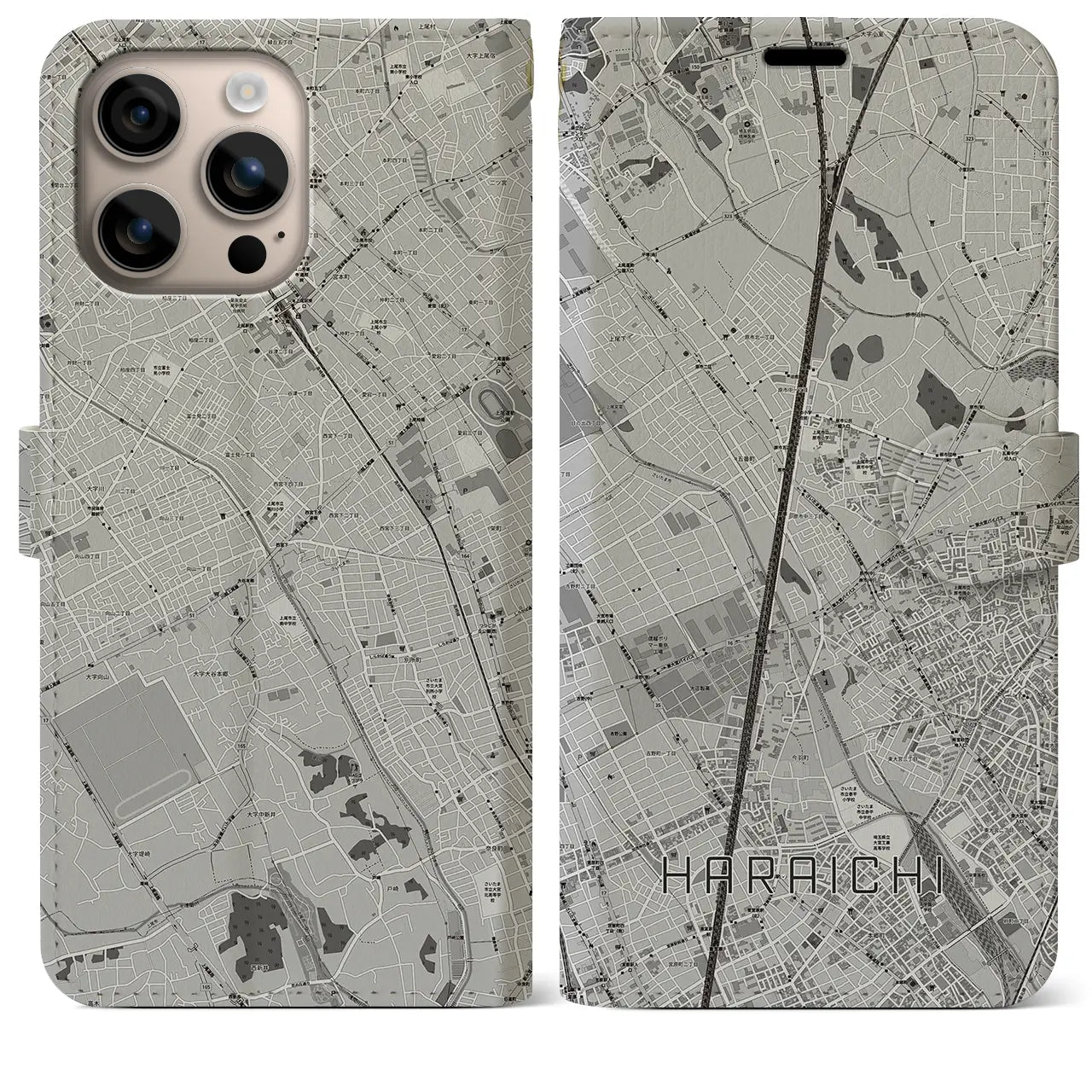【原市(埼玉県)】地図柄iPhoneケース(手帳タイプ)モノトーン・iPhone 16 Plus 用