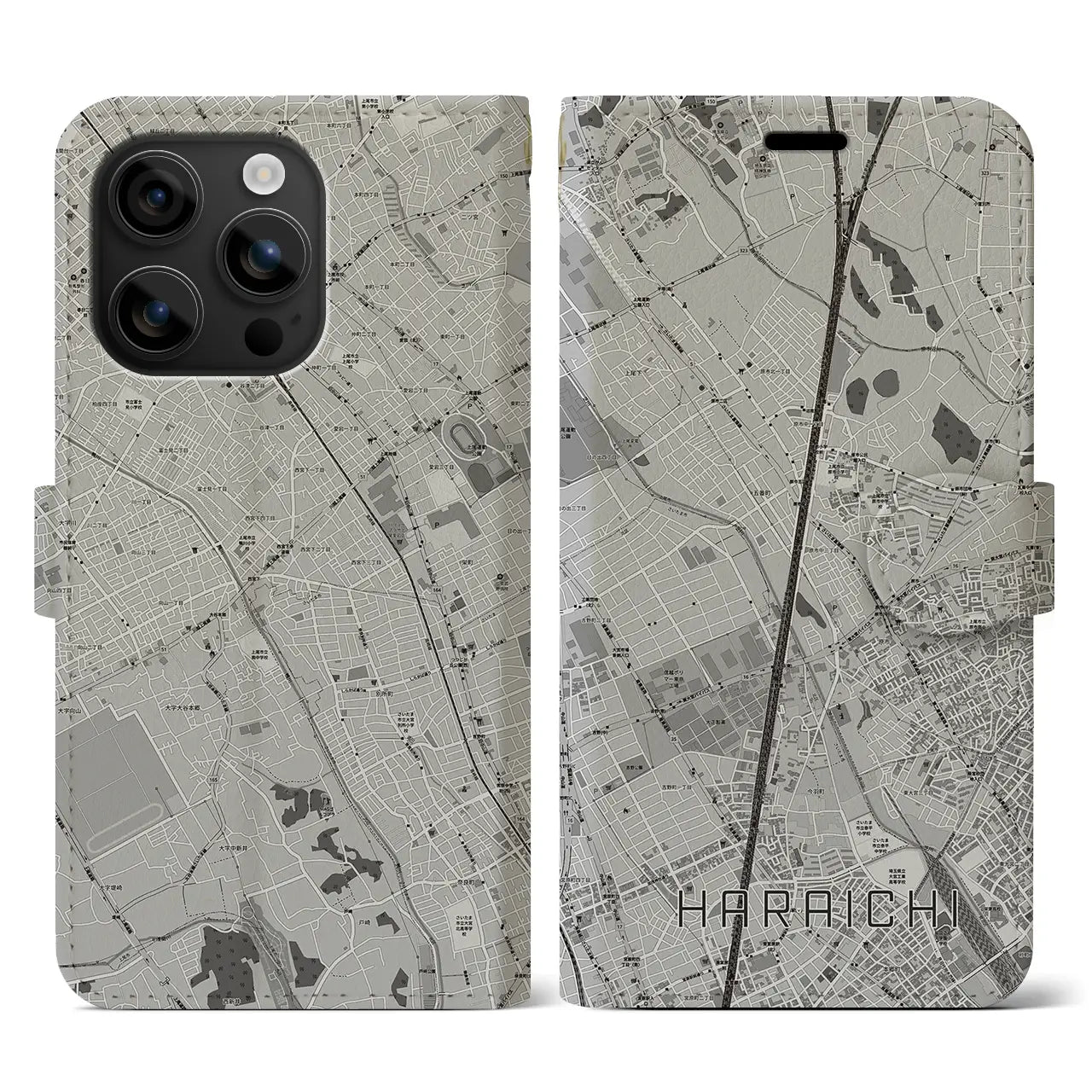 【原市(埼玉県)】地図柄iPhoneケース(手帳タイプ)モノトーン・iPhone 16 用