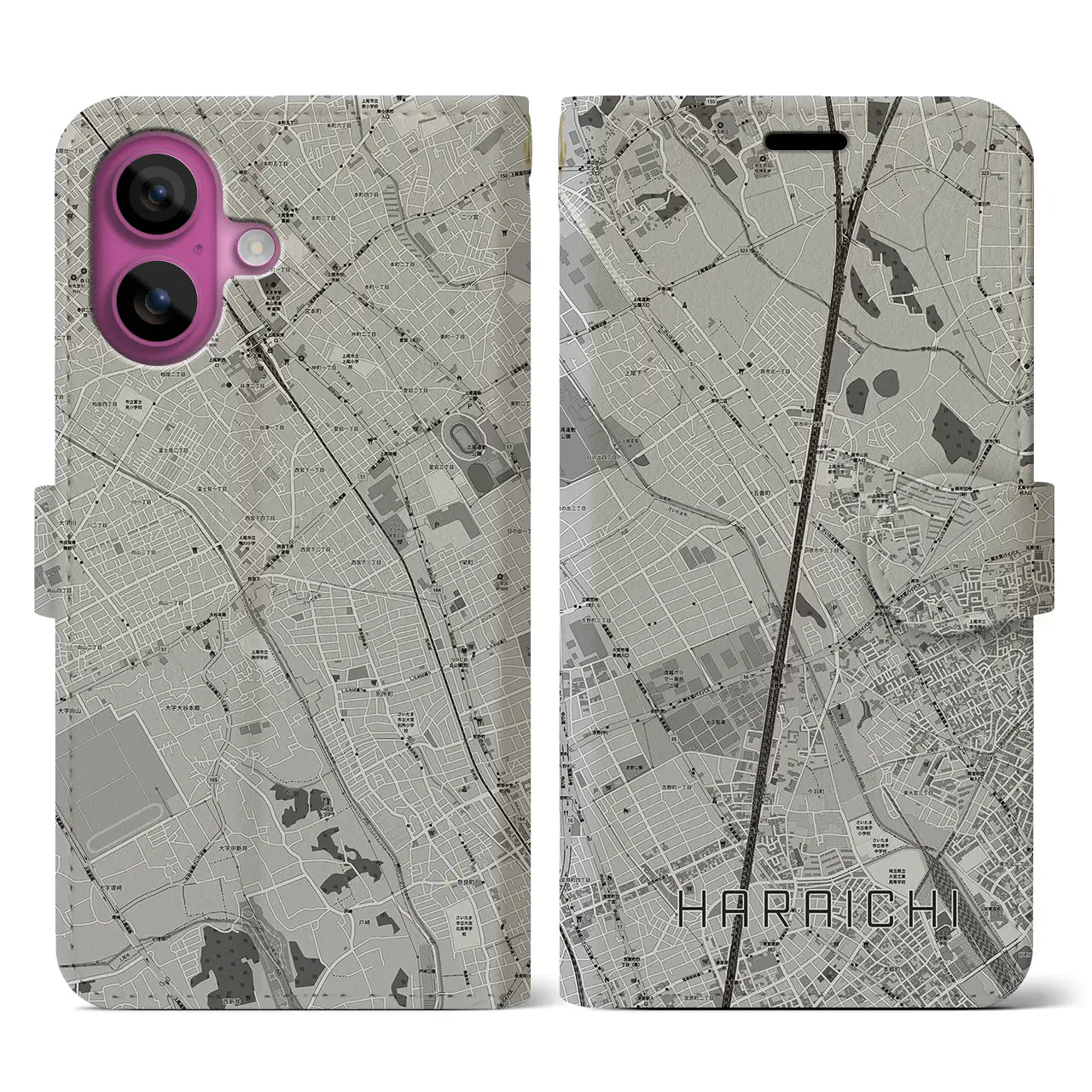 【原市(埼玉県)】地図柄iPhoneケース(手帳タイプ)モノトーン・iPhone 16 Pro 用