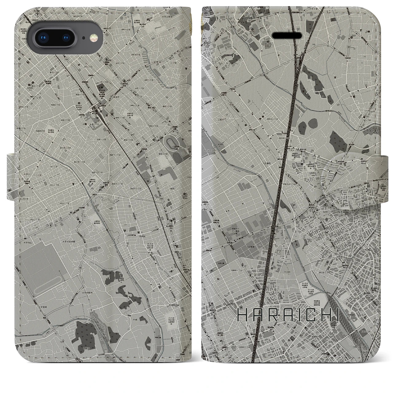 【原市(埼玉県)】地図柄iPhoneケース(手帳タイプ)モノトーン・iPhone 8Plus /7Plus / 6sPlus / 6Plus 用