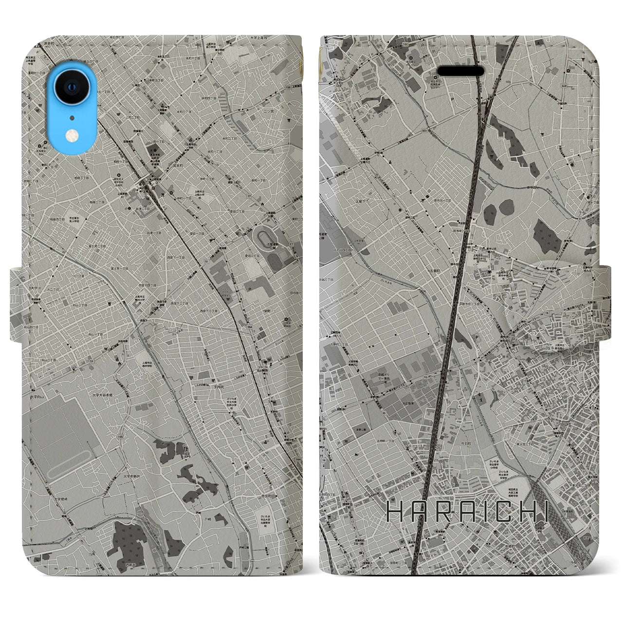 【原市(埼玉県)】地図柄iPhoneケース(手帳タイプ)モノトーン・iPhone XR 用