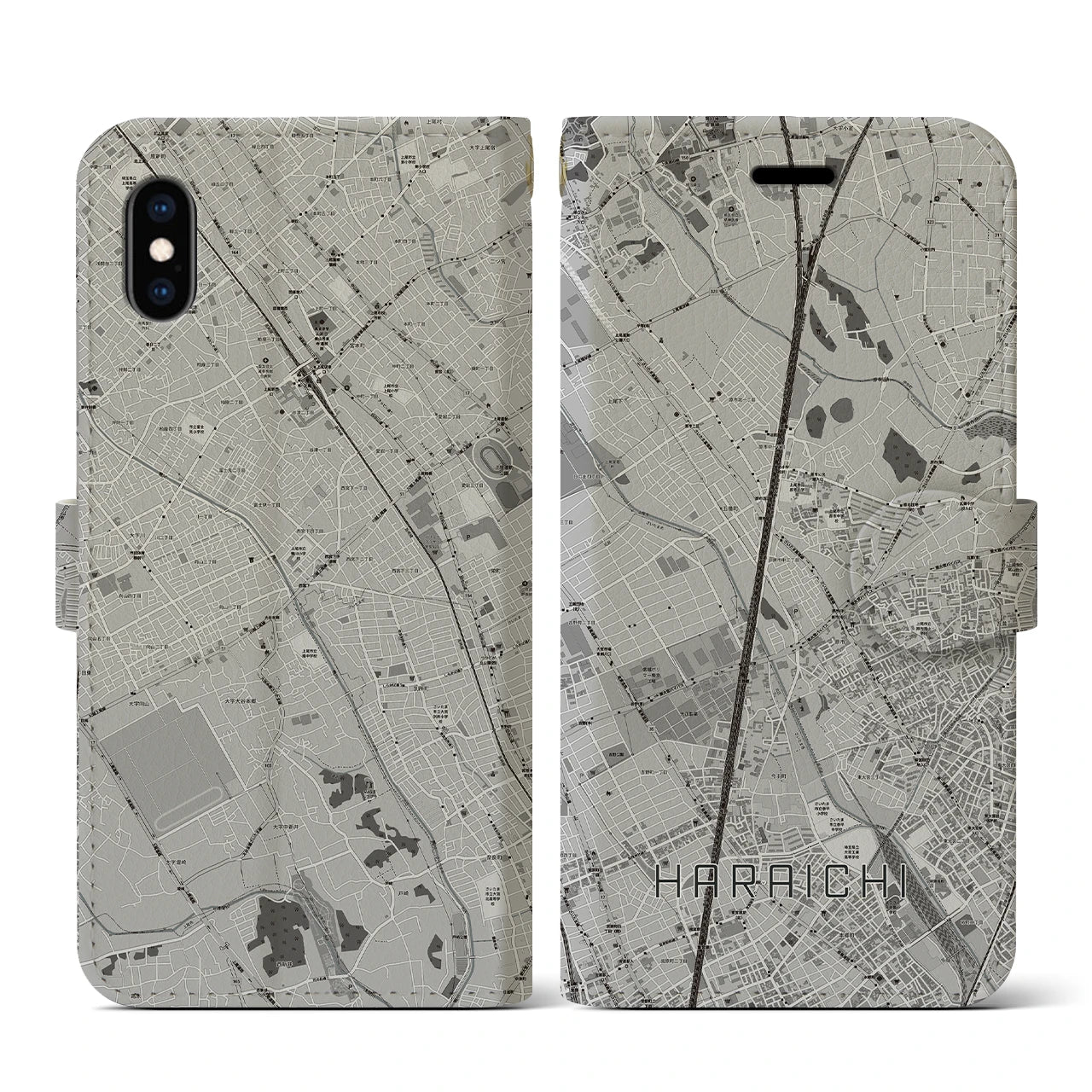 【原市(埼玉県)】地図柄iPhoneケース(手帳タイプ)モノトーン・iPhone XS / X 用