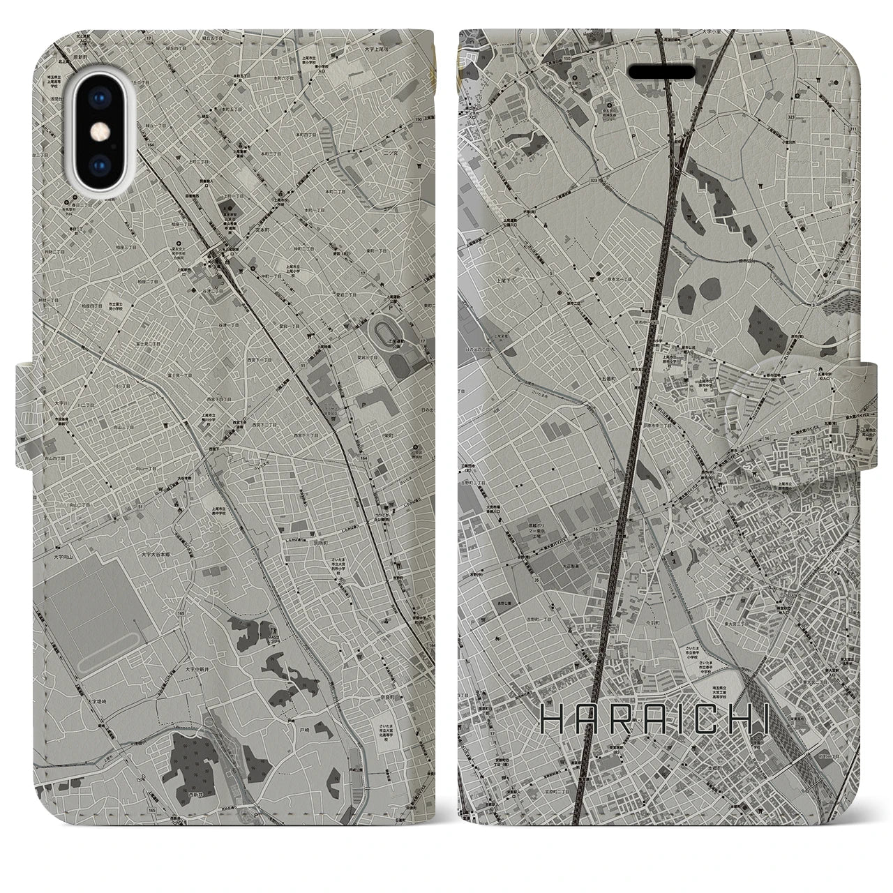 【原市(埼玉県)】地図柄iPhoneケース(手帳タイプ)モノトーン・iPhone XS Max 用