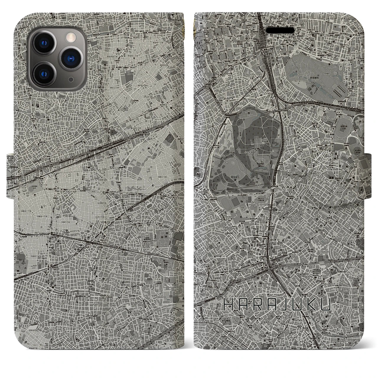 【原宿(東京都)】地図柄iPhoneケース(手帳タイプ)モノトーン・iPhone 11 Pro Max 用